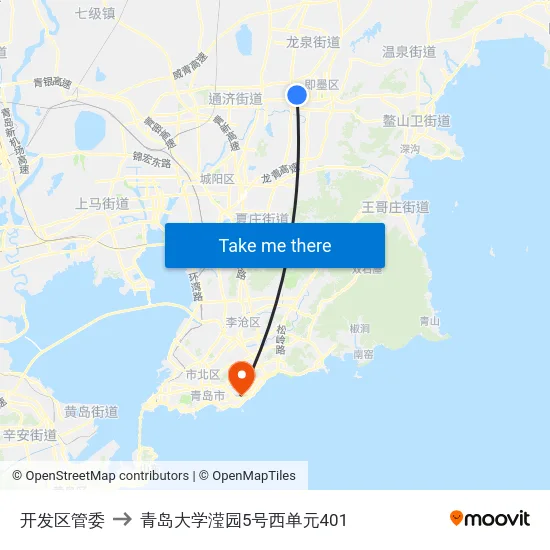 开发区管委 to 青岛大学滢园5号西单元401 map