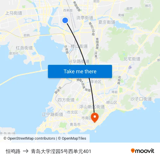 恒鸣路 to 青岛大学滢园5号西单元401 map