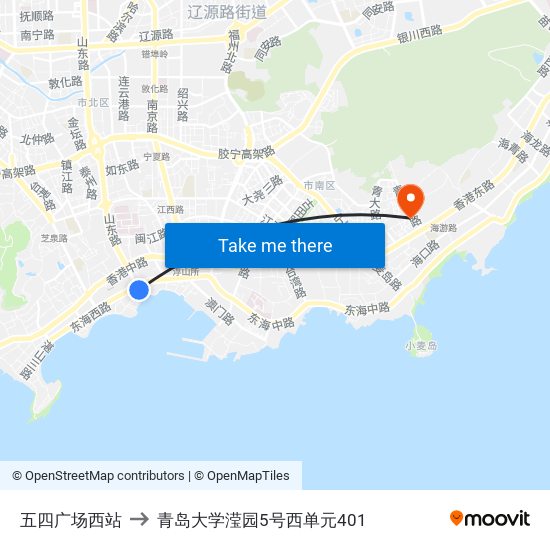 五四广场西站 to 青岛大学滢园5号西单元401 map