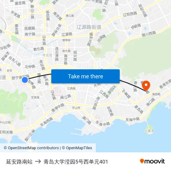延安路南站 to 青岛大学滢园5号西单元401 map