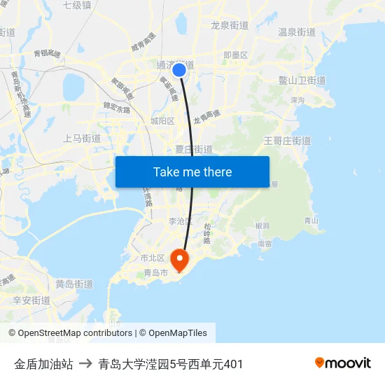 金盾加油站 to 青岛大学滢园5号西单元401 map