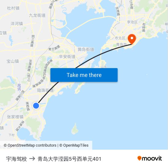 宇海驾校 to 青岛大学滢园5号西单元401 map