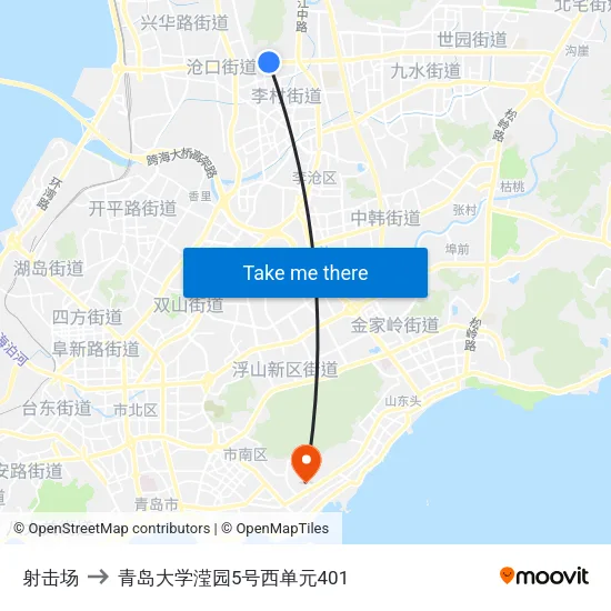 射击场 to 青岛大学滢园5号西单元401 map