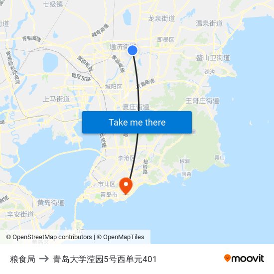 粮食局 to 青岛大学滢园5号西单元401 map