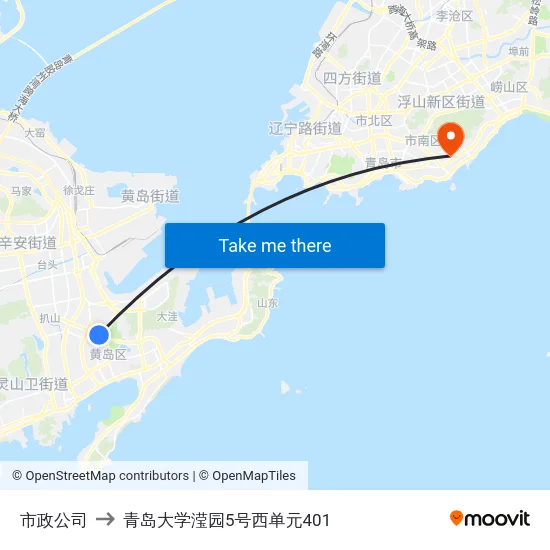 市政公司 to 青岛大学滢园5号西单元401 map