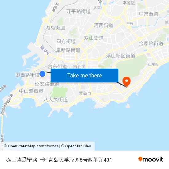 泰山路辽宁路 to 青岛大学滢园5号西单元401 map