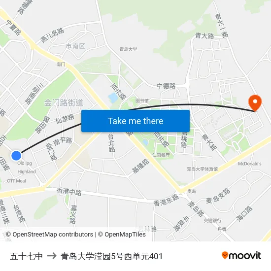 五十七中 to 青岛大学滢园5号西单元401 map