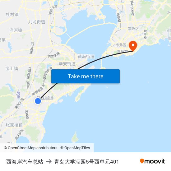 西海岸汽车总站 to 青岛大学滢园5号西单元401 map