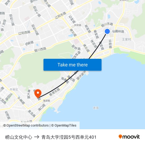 崂山文化中心 to 青岛大学滢园5号西单元401 map