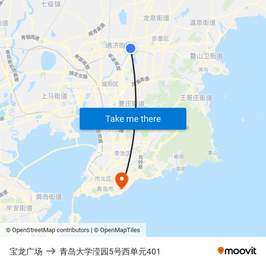 宝龙广场 to 青岛大学滢园5号西单元401 map