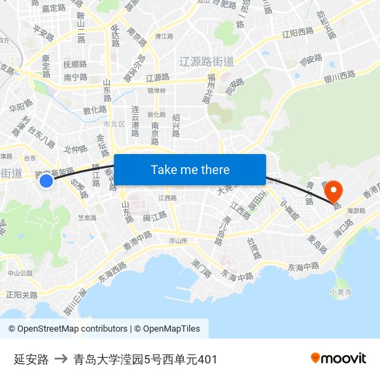 延安路 to 青岛大学滢园5号西单元401 map