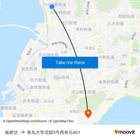 板桥坊 to 青岛大学滢园5号西单元401 map