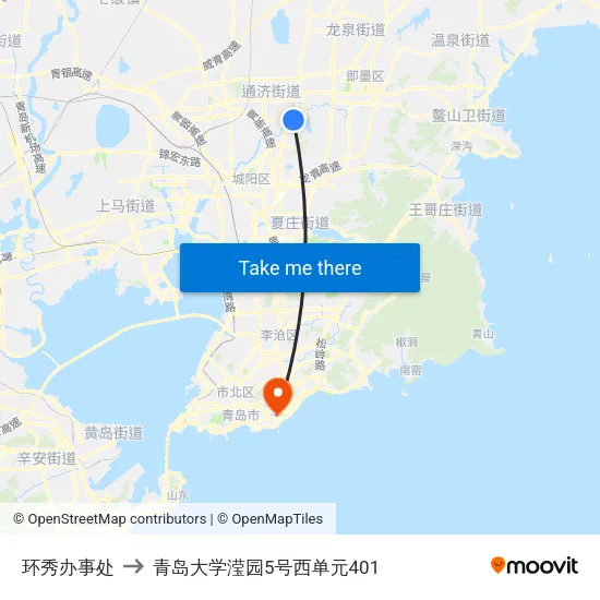 环秀办事处 to 青岛大学滢园5号西单元401 map