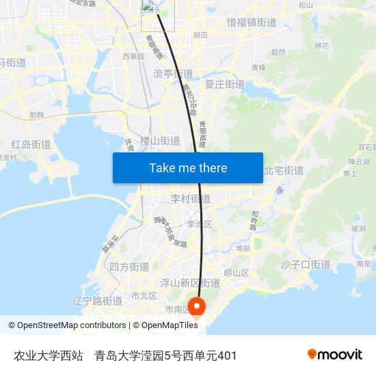 农业大学西站 to 青岛大学滢园5号西单元401 map