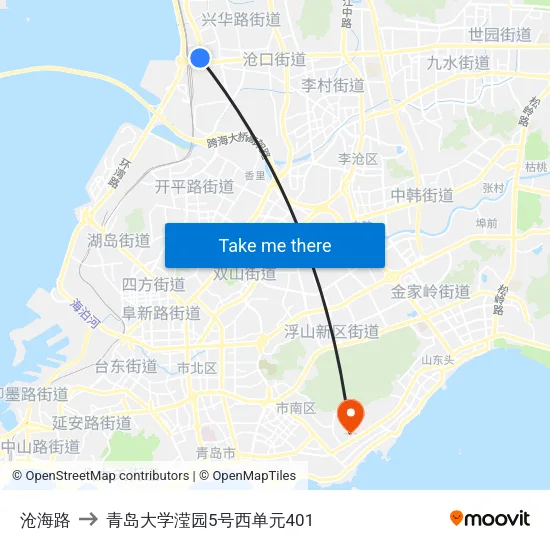 沧海路 to 青岛大学滢园5号西单元401 map
