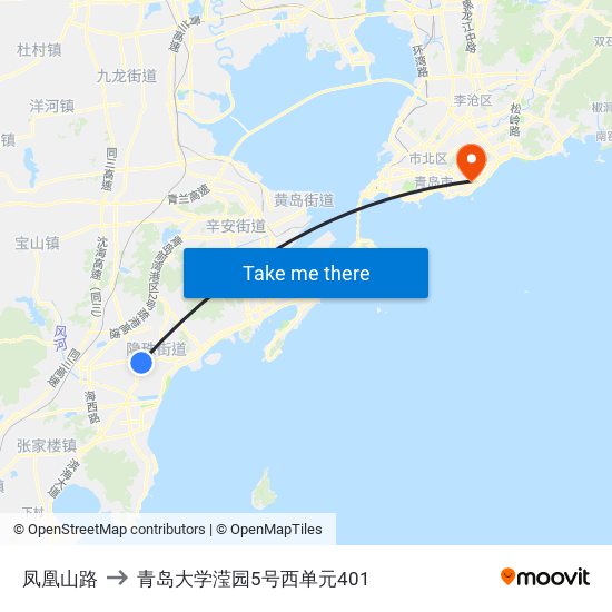 凤凰山路 to 青岛大学滢园5号西单元401 map