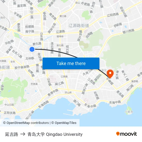 延吉路 to 青岛大学 Qingdao University map