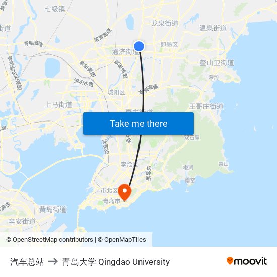 汽车总站 to 青岛大学 Qingdao University map