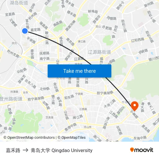 嘉禾路 to 青岛大学 Qingdao University map