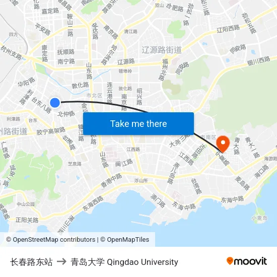 长春路东站 to 青岛大学 Qingdao University map