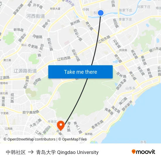 中韩社区 to 青岛大学 Qingdao University map