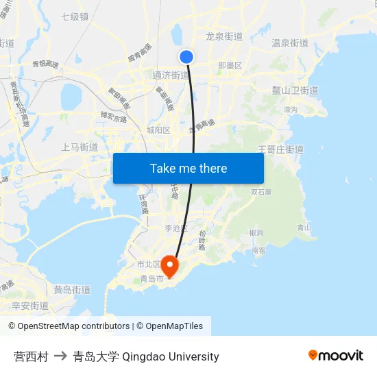 营西村 to 青岛大学 Qingdao University map