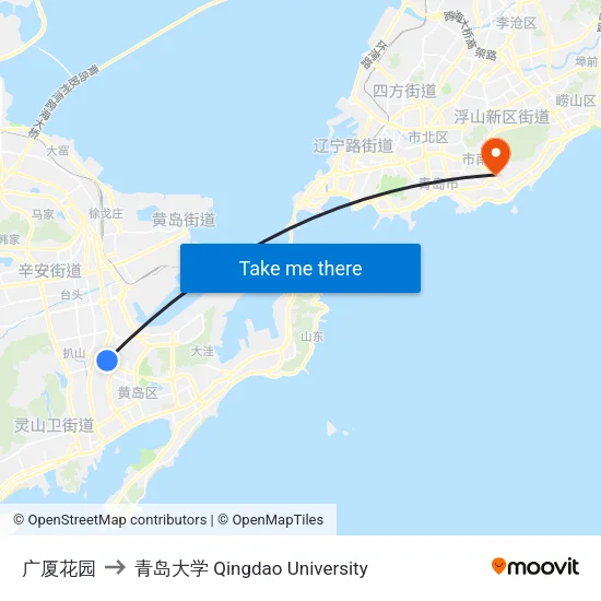 广厦花园 to 青岛大学 Qingdao University map