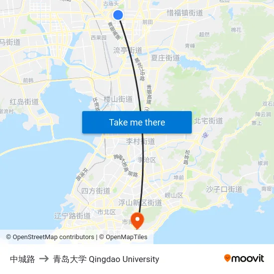 中城路 to 青岛大学 Qingdao University map