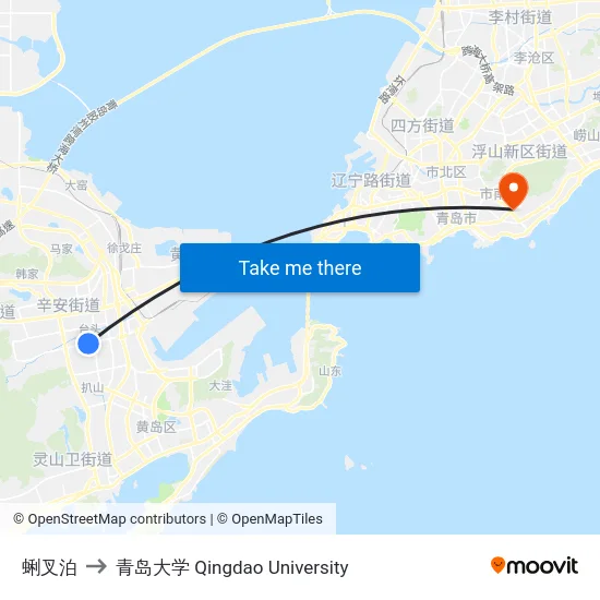 蜊叉泊 to 青岛大学 Qingdao University map