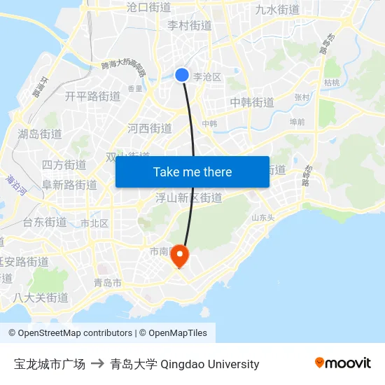 宝龙城市广场 to 青岛大学 Qingdao University map