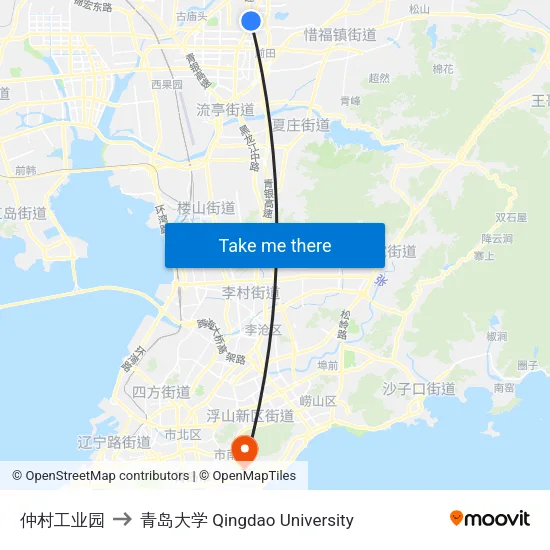 仲村工业园 to 青岛大学 Qingdao University map