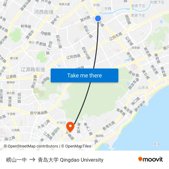 崂山一中 to 青岛大学 Qingdao University map