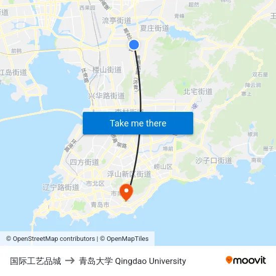 国际工艺品城 to 青岛大学 Qingdao University map