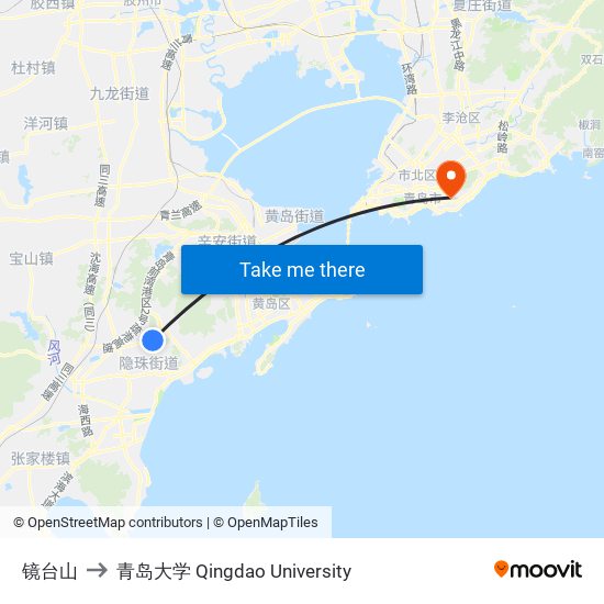 镜台山 to 青岛大学 Qingdao University map