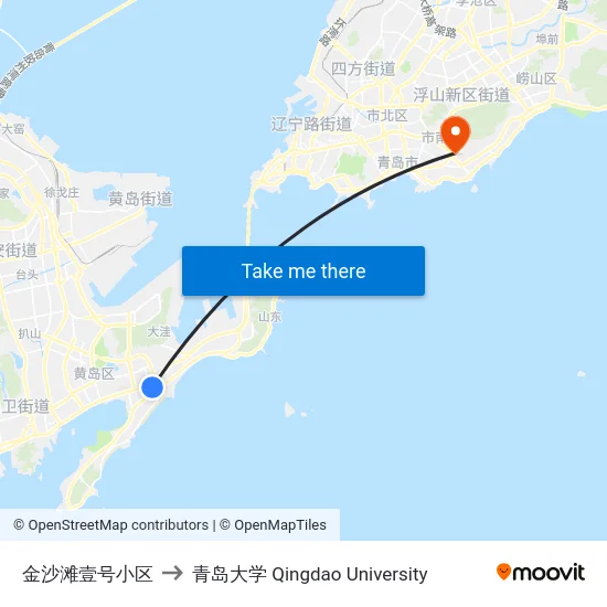 金沙滩壹号小区 to 青岛大学 Qingdao University map