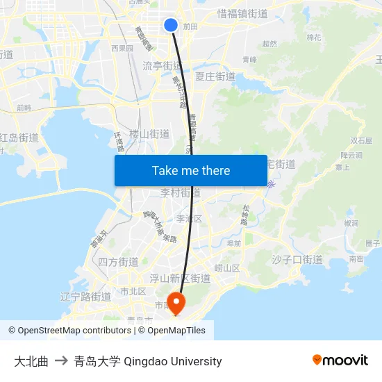 大北曲 to 青岛大学 Qingdao University map