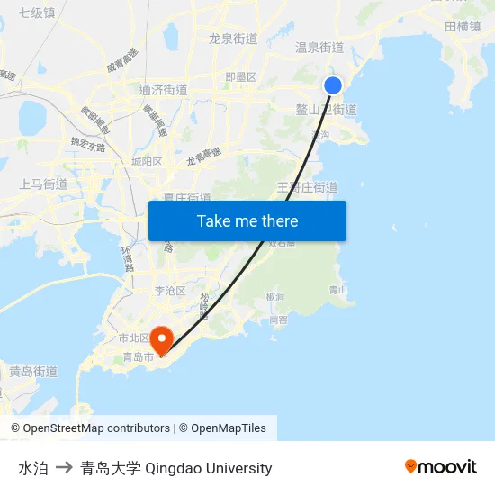 水泊 to 青岛大学 Qingdao University map