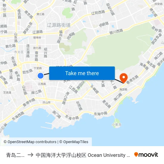 青岛二中分校 to 中国海洋大学浮山校区 Ocean University of China (Fushan Campus) map
