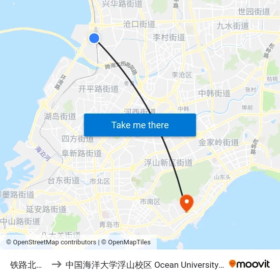 铁路北站西广场 to 中国海洋大学浮山校区 Ocean University of China (Fushan Campus) map