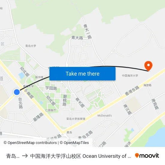 青岛大学 to 中国海洋大学浮山校区 Ocean University of China (Fushan Campus) map