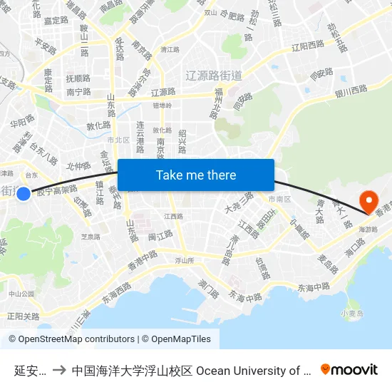 延安二路 to 中国海洋大学浮山校区 Ocean University of China (Fushan Campus) map