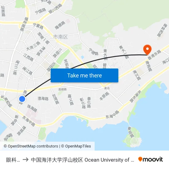 眼科医院 to 中国海洋大学浮山校区 Ocean University of China (Fushan Campus) map