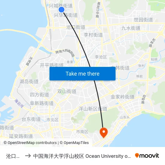 沧口体育场 to 中国海洋大学浮山校区 Ocean University of China (Fushan Campus) map
