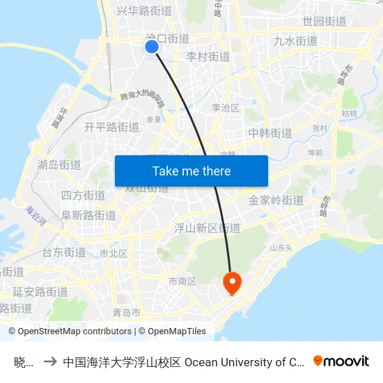晓翁村 to 中国海洋大学浮山校区 Ocean University of China (Fushan Campus) map