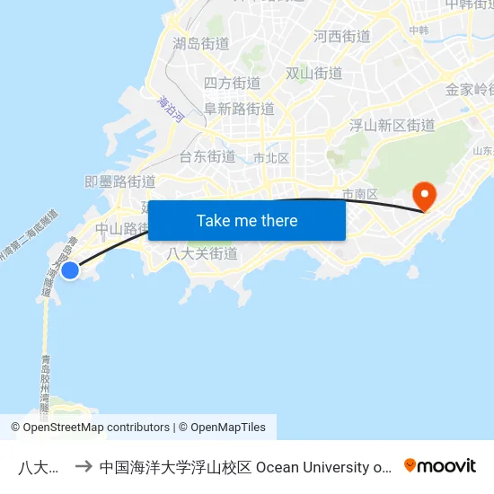八大峡小学 to 中国海洋大学浮山校区 Ocean University of China (Fushan Campus) map