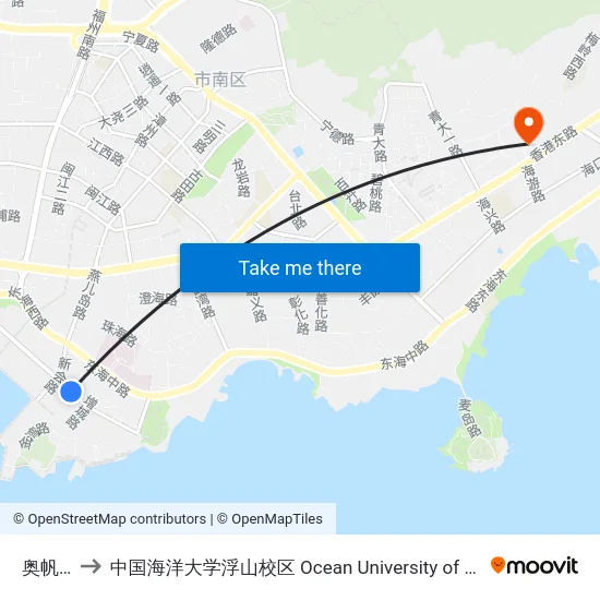 奥帆基地 to 中国海洋大学浮山校区 Ocean University of China (Fushan Campus) map