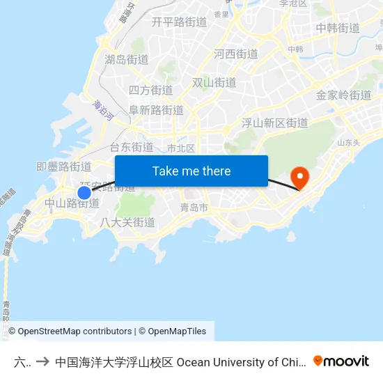 六中 to 中国海洋大学浮山校区 Ocean University of China (Fushan Campus) map