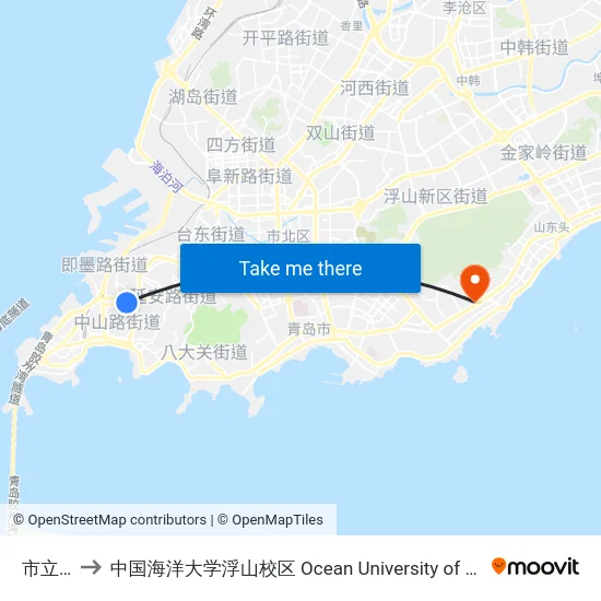 市立医院 to 中国海洋大学浮山校区 Ocean University of China (Fushan Campus) map