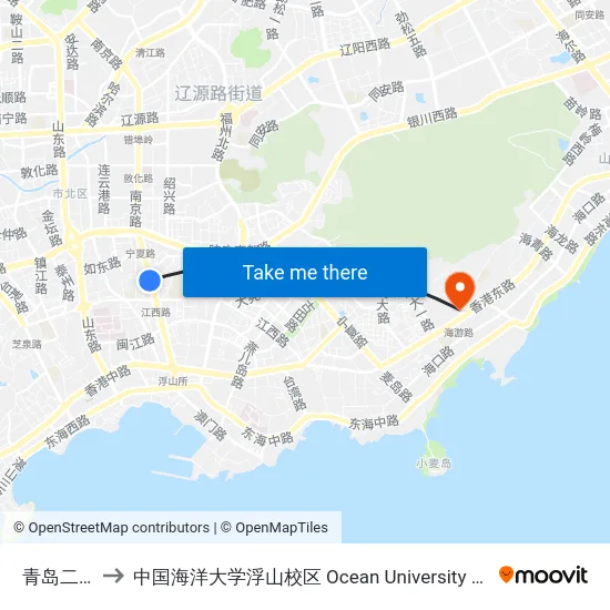 青岛二中分校 to 中国海洋大学浮山校区 Ocean University of China (Fushan Campus) map