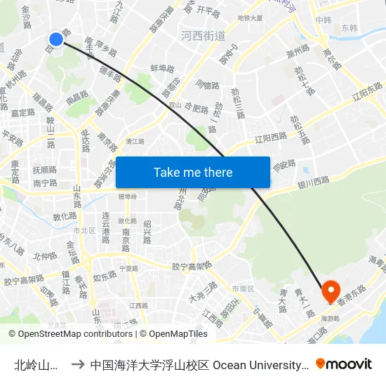北岭山森林公园 to 中国海洋大学浮山校区 Ocean University of China (Fushan Campus) map